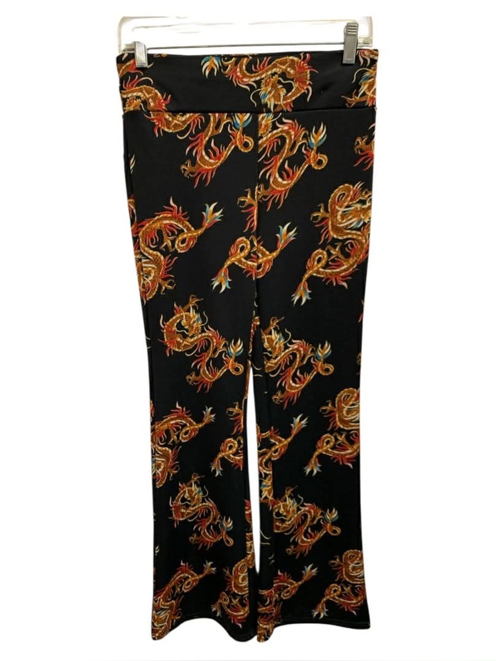shosho Black Wide-Leg Pants with Red & Gold Dragon Print Size L